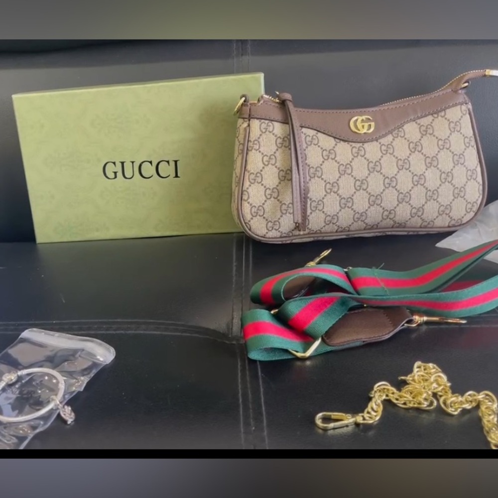 Gucci Beige Monogram Bag with Green and Red Accents
